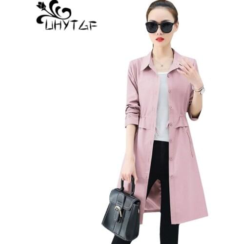 UHYTGF New Fashion women trench coat Mid-length thin female spring autumn coat Elegant temperament Lady plus size outerwear 1335