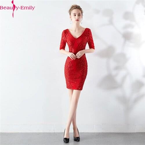 Beauty Emily Sexy Double V Neck Black Mermaid Evening Dress 2019 Elegant Half Sleeve Vintage Beading Formal Dress Evening Gown