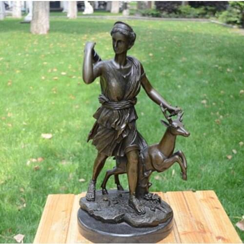 18" Western Pure Bronze Marble Hunter and deer Statue Art Deco Sculpture