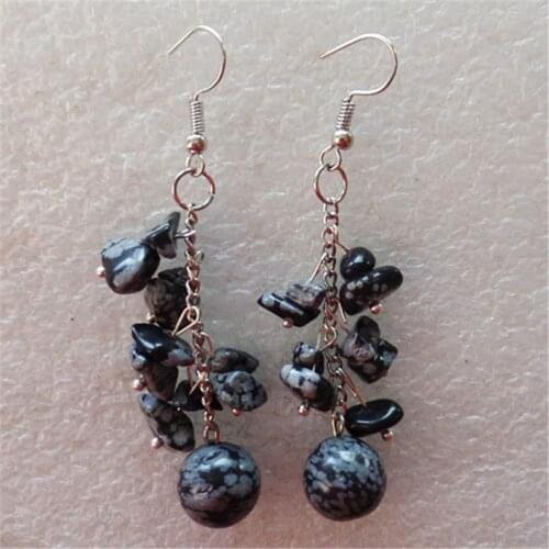 2pairs/lot) Beautiful Wholesale About 40mm Snowflake Obsidian Chip&10mm Snowflake Obsidian Bead Earrings ( Min. Order10 $ mix)
