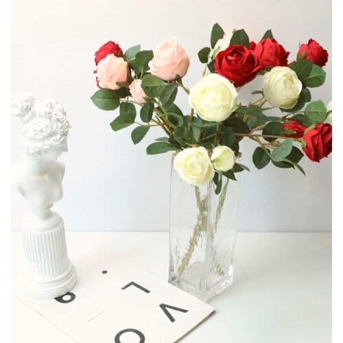 3 Heads Silk Flowers 2 Buds Artificial Roses Flowers Branch for Wedding Party Home Holiday Decor Imitation Fresh Flores