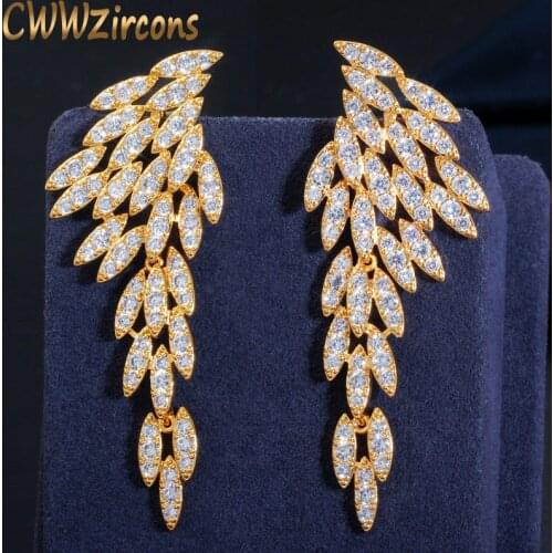 CWWZircons Elegant 18k Gold Plated Cubic Zirconia Long Dangle Feather Wing Drop Earrings for Women Fashion Boho Jewelry CZ640