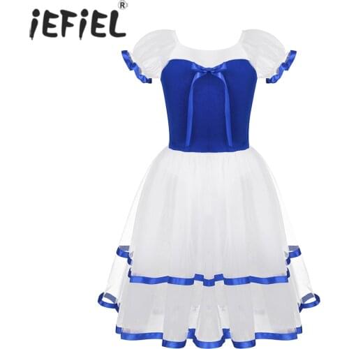 Kids Girls Ballet Tutu Dress Contemporary Dance Costume Puff Sleeves Bowknot Velvet Bodice Ballerina Gymnastics Leotard Dress
