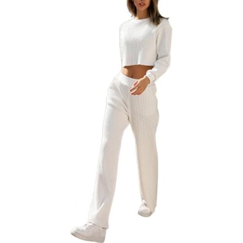 Dropshipping Autumn Winter Womens Tracksuit Solid Color Striped Turtleneck Sweater And Elastic Trousers Suits Knitted 2 Pcs Set