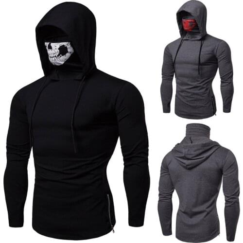 T-shirt Men Stretch Fitness Man Ninja Hooded Long Sleeve T-shirt Skull Mask