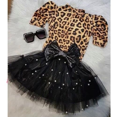 FOCUSNORM 2-7Y Summer Fashion Kids Girls Clothes Sets Leopard Printed Puff Sleeve T Shirts Big Bow Pearl Lace Tutu Skirts