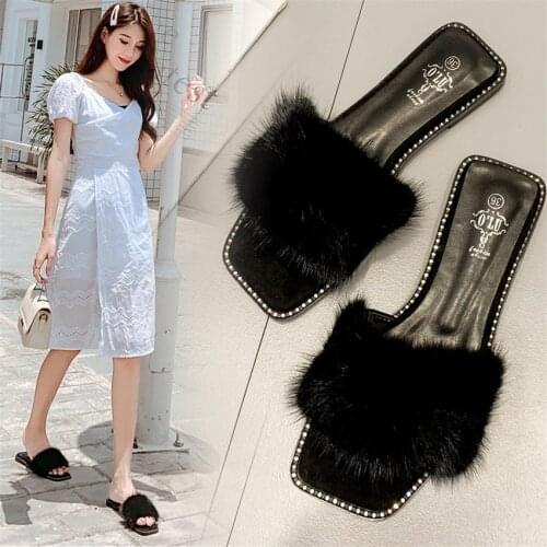 Fur Slippers Womens Wear Slippers 2021 New Summer Eeropean And American Fish Mouth Flat Bottom Mink Fur Sandals Womens Shoes
