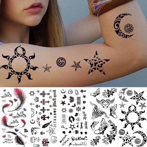 Cute Tribal Totem Temporary Tattoo For Women Men Kids Black Small Moon Star Sun Tattoo Sticker Butterfly Cross Fake Face Tatoos
