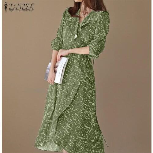 Fashion Polka Dot Dress Womens Spring Printed Sundress 2021 ZANZEA Puff Sleeve Midi Vestido Female V Neck Ruffle Robe Plus Size