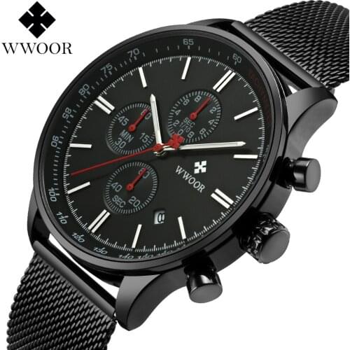 WWOOR Men Watch Luxury Brand Chronograph Date Military Army Sport Stainless Steel Mesh Quartz Mens Watches Male Clock Relogio