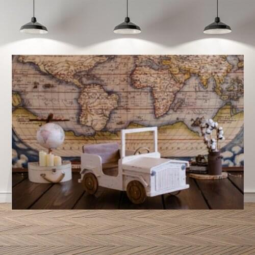 Neoback Wood Floor Globe Truck Kids Portrait Happy Birthday Baby Shower Professional Studio Photography Backdrop Background