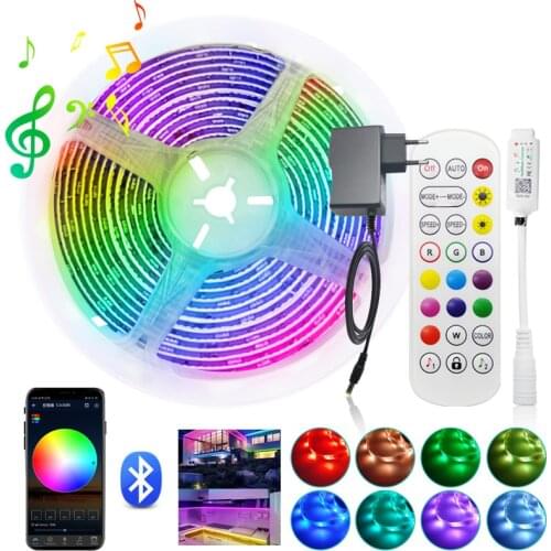 New Bluetooth Music LED Strip Lights RGB 5050 2835 Flexible Ribbon 5M 10M 15M 20M RGB LED Light Tape Diode + Controller Adapter