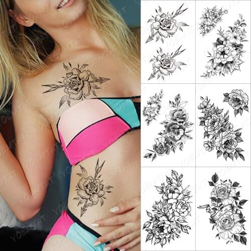 Lines Roses Snake Flowers Temporary Tattoo Sticker For Women Adult Peony Waterproof Fake Henna Old School Body Art Tattoo Decal
