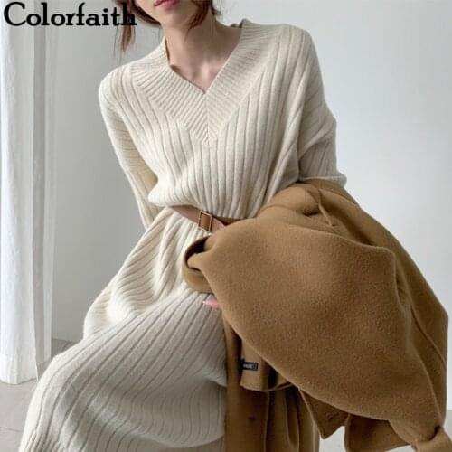 Colorfaith New 2019 Autumn Winter Women Dresses Knitting Straight Korean Style Fashionable Elegant Solid Ladies Dress DR7143