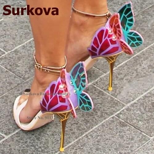 Surkova Big Butterfly High Heel Sandals Thin Golden Heel Pink Blue Color Patchwork Wings Dress Shoes Wedding Pumps Vogue Shoes