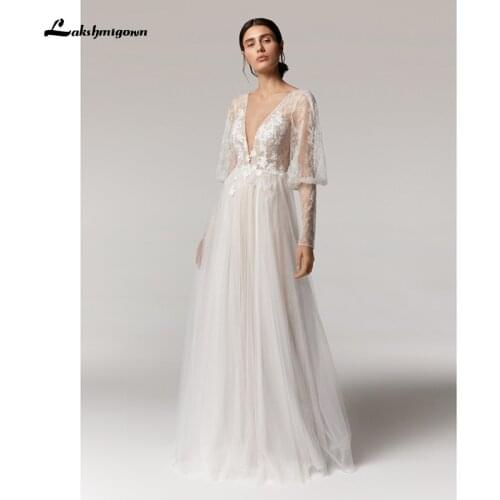 Vintage Deep V Champagne Wedding Dress A Line 2021 long sleeves Sexy Bridal Dresses Lace Wedding Gowns Open-Back Abendkleider