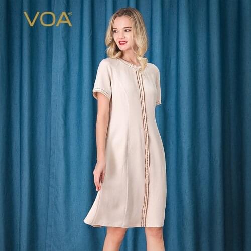 VOA 36m/m Heavy round Neck Raglan Sleeves Loose-Leaf Wire Decoration Zip Pullover Microprojectile Simple A- line Dress A90