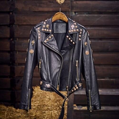 Luxury Brand Designer Rivet Gothic Punk Real Sheepskin Genuine Leather Jackets Slim Motorcycle Biker Ladies Coats Chaqueta Mujer