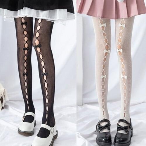 Women Hollow Out Hole Fishnet Pantyhose Handmade Bowknot Lolita Tights Stockings 6XDA