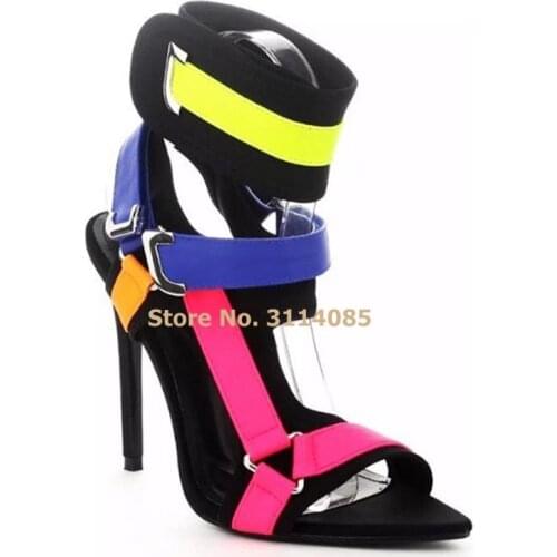 Women Newest Mixed Color Buckle Strap High Heel Sandals Pink Yellow Blue Color Patchwork Metal Ring Buckle Party Shoes Heels