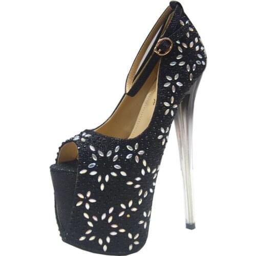 Women Pumps 19CM Thin High Heels Shoes Fashion Sexy Sequined Cloth Buckle Strap Peep Toe Party Wedding Bling shoes woman black