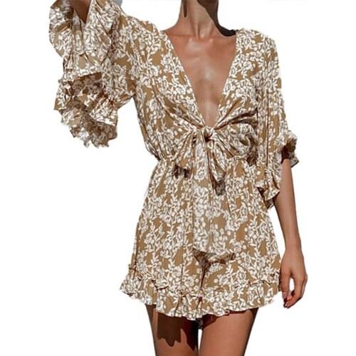 Women Jumpsuit Boho elegant Vintage Floral Print Sexy Deep V-neck Loose Casual Ladies Floral Print Romper Summer 2021