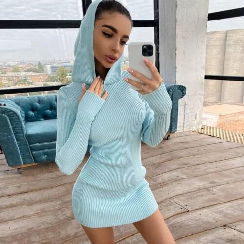 Long Sleeve Hooded Dress for Women Autumn Winter Sexy Bodycon Dresses Ribbed Blue White Black Dress Casual Streetwear Outfits