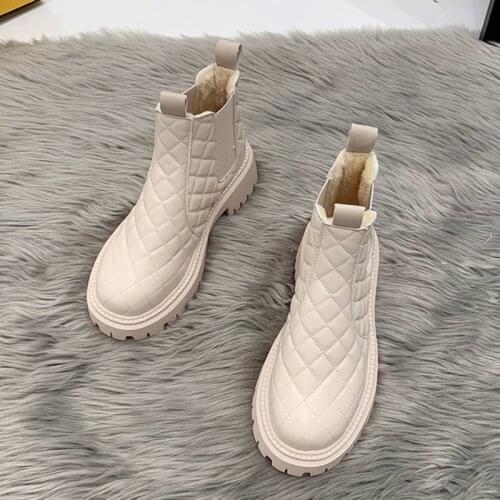 2021 Winter Chelsea Boots Women Shoes Fashion Chunky Heels Plush Warm Grid Ankle Platform Boots Pu Leather Female Booties