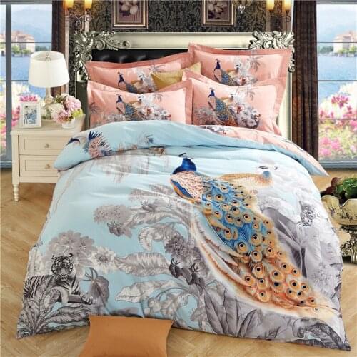 New colorful peacock 100% Cotton Sanding Printed Flower Bedding Set Wedding Bed Sheet set Duvet Cover Pillowcase Queen King 4pcs