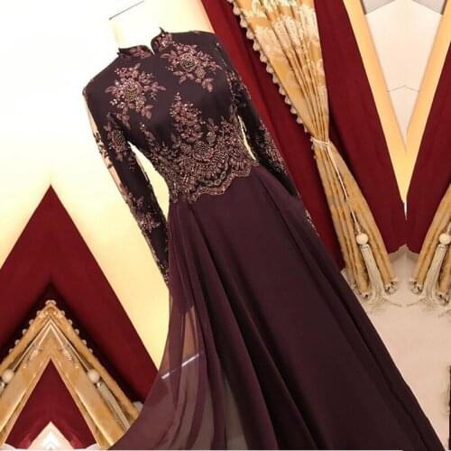 Arabic Evening Dresses High Neck Long Sleeves Appliques Chiffon Prom Gown Muslim Dubai Kaftan Party Dress