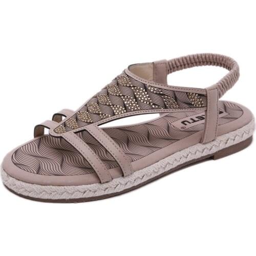 Bohemian Summer Shoes Sweet Womens rhinestone Flat Sandals High Quality hemp rope Thick bottom Casual Flats Plus Size 35-42