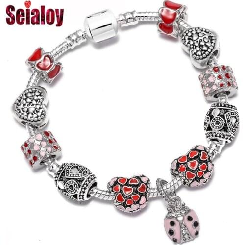 Seialoy Fashion Heart Shape Tree Of Life Charm Bracelets For Women Men Original Pink Ladybugs Colorful Love Beads Bangles