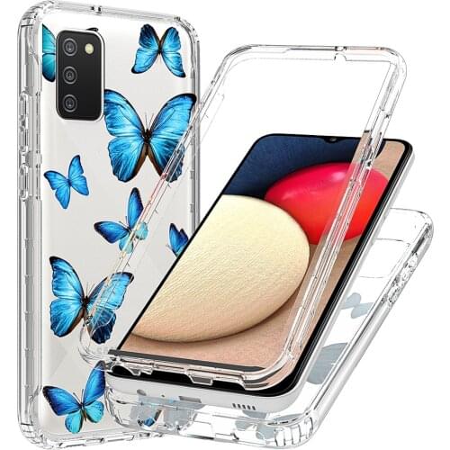2 in 1 Clear Painted Flower Case for Samsung Galaxy A02s SM-A025 Hard Crystal PC + Soft TPU 360 Full Protective Phone Back Cover