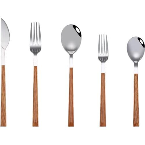 Stainless Steel Wooden Hand Cutlery 5Pcs with Fork Spoon Steak Knife Dessert Spoon and Fork Imitation Marbled Fork and Spoon