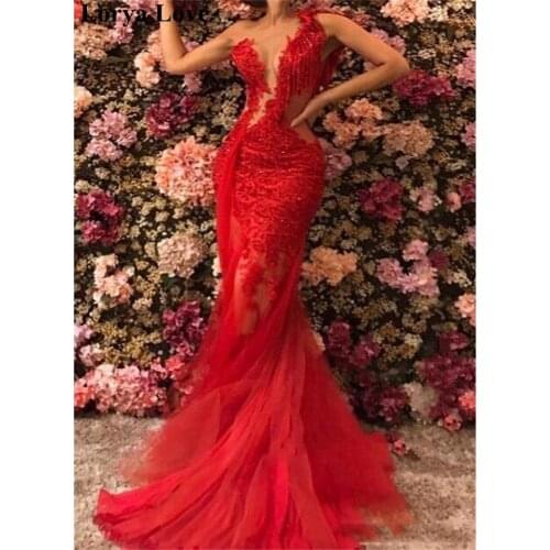 Elegant Mermaid Red Long Evening Dresses 2021 Women Formal Party Prom Gowns One-Shoulder Backless Lace Appliques Robe De Soiree