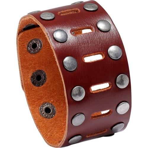 Jessingshow Wide Genuine Leather Spike Studded Rivet Biker Bangle Cuff Bracelet Punk Rock Black Adjustable Wristband