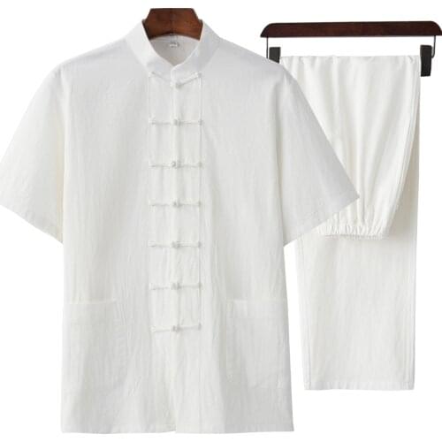 Chinese Single Breasted Wing Chun Clothing Summer Casual Men Cotton Linen Tang Suit Loose Mandarin Collar Kung Fu Set M-4XL