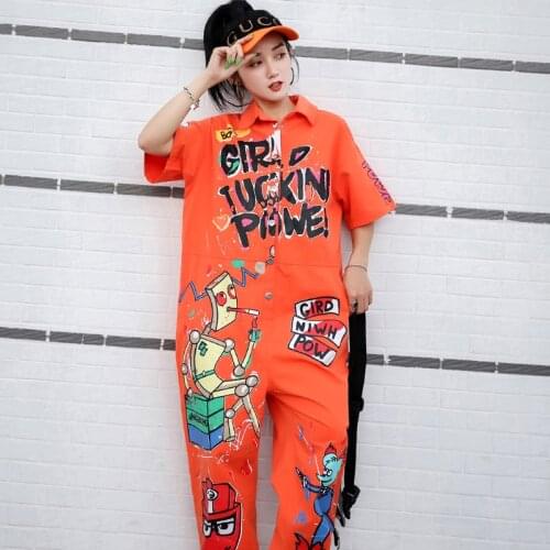 Summer Women Rompers New Cartoon Graffiti Printed Short Sleeve Jumpsuit Loose leisure Overalls Turn Down Collar Hip Hop Pants
