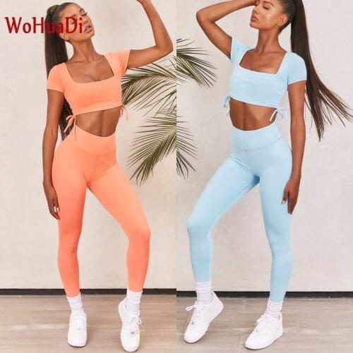 WOHUADI Tether Short Sleeve Sports Set Yoga Women Clothing Suit Gym Fitness Sportswear High Waist Leggings Female