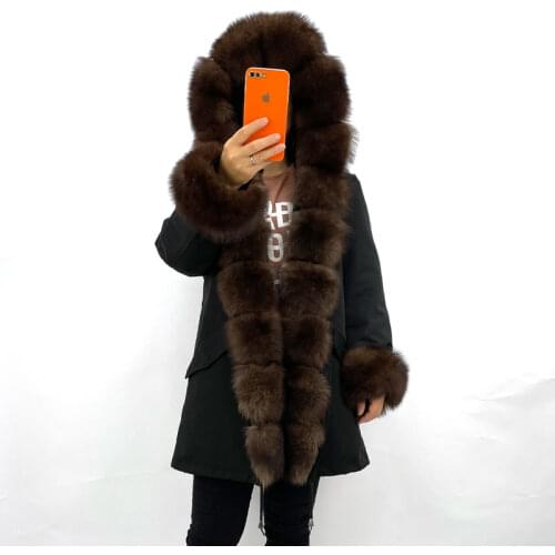 Womens Winter Warm Real Fox fur fur Collar Hooded Fur Parka Real Rabbit Fur Lining Removable Hooded Winter Fur Jacket QD.YISAHNG