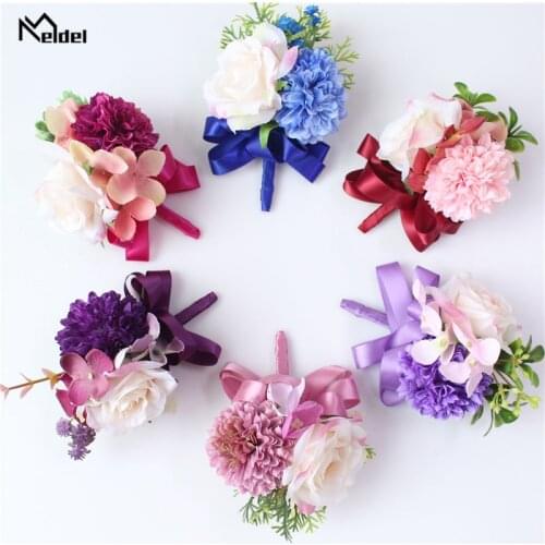 Meldel Corsage Groom Boutonniere Pin Bridal Wrist Corsage Bridesmaid Bracelet Men Marriage Party Meeting Flower Accessories
