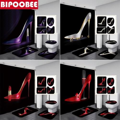 Fashion High Heels Print Bathroom Curtains Black Non Slip Carpet Toilet Cover Mat Bath Rugs Fabric Shower Curtain with Hooks