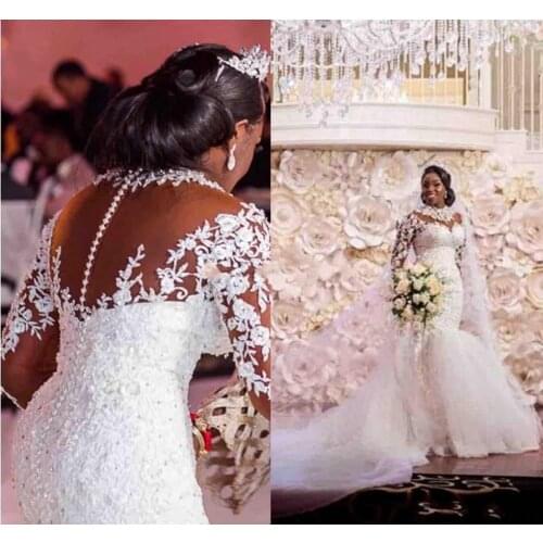New Black Girl African Plus Size Mermaid Lace Wedding Dresses Long Sleeve High Neck Princess Vintage Wedding Gowns Nigeria