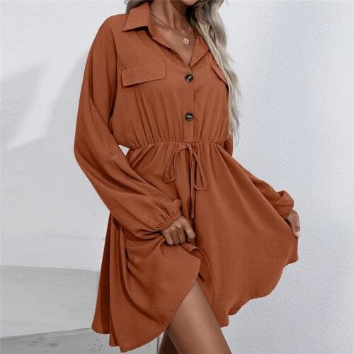 Summer Dress Women Robe Femme Spring Autumn A-Line Dresses Turn-down Collar Lace Up Long Sleeve Dress For Woman Vestido De Mujer