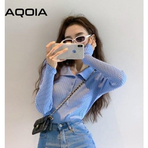Autumn Korean style Button Turn Down Collar Polo Women Sweater Slim Turtleneck Knitted Short Sweaters 2020 INS Female Sweaters