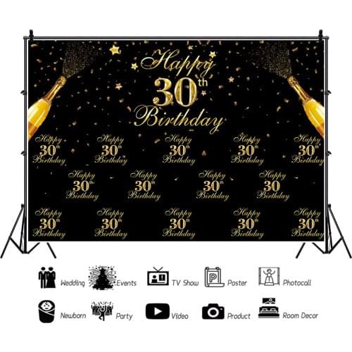 Black Gold Theme 30th Birthday Party Backdrops Photocall Vinyl Background Decorations for Family Portrait Photography Props