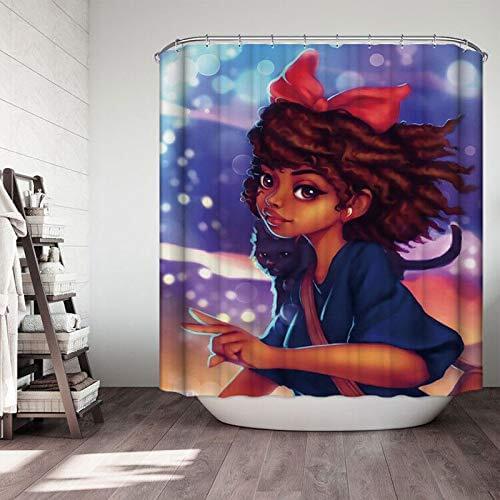 African American 3D Retro Style Print Waterproof Polyester Shower Curtain with 12 Hooks Lovely Girl