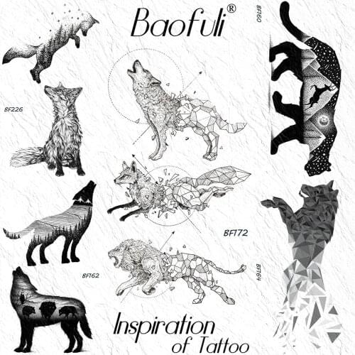 Baofuli Geometric Wolf Diamond Lion Fox Temporary Tattoos Sticker Waterproof Black Tatoo Women Men Forest Galaxy Tattoos Arrows