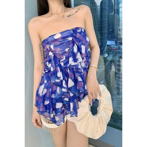 Floral Print Womens Ruffled Pleated Mini Skirt Elastic Waist Multi-Way Wear Strapless Short Dresses Fairy Clothes 2021 New