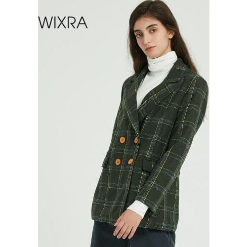 Wixra Women Christmas Plaid Blazer Autumn Spring Double Breasted Casual Coat Long Sleeve Loose Ladies Outerwears
